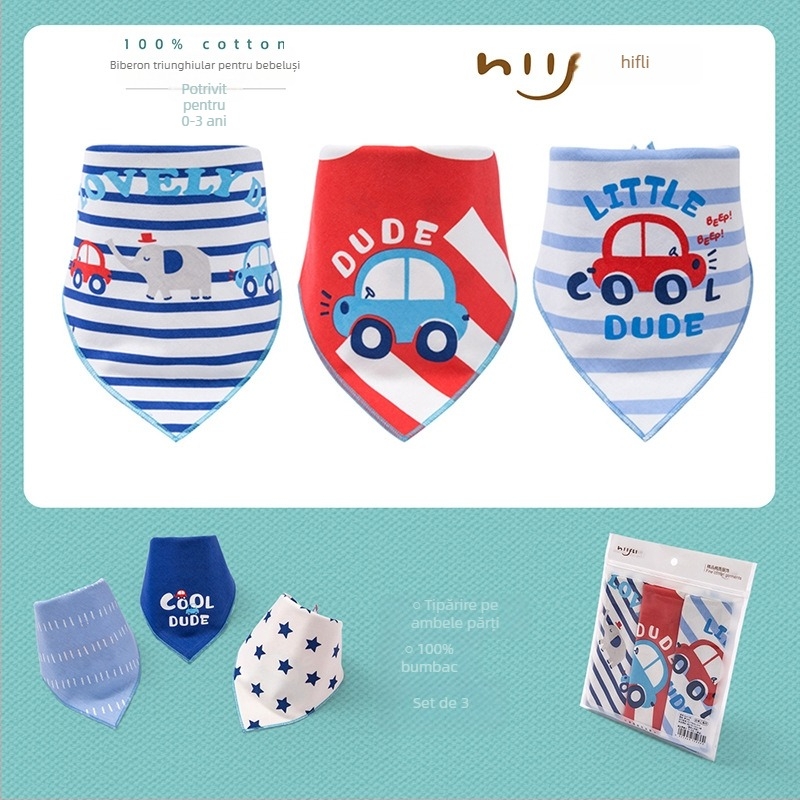Bavetă triunghiulară pentru bebeluși din bumbac 100%, dublu strat, imprimată cu desen animat; potrivită pentru sugari și copii mici