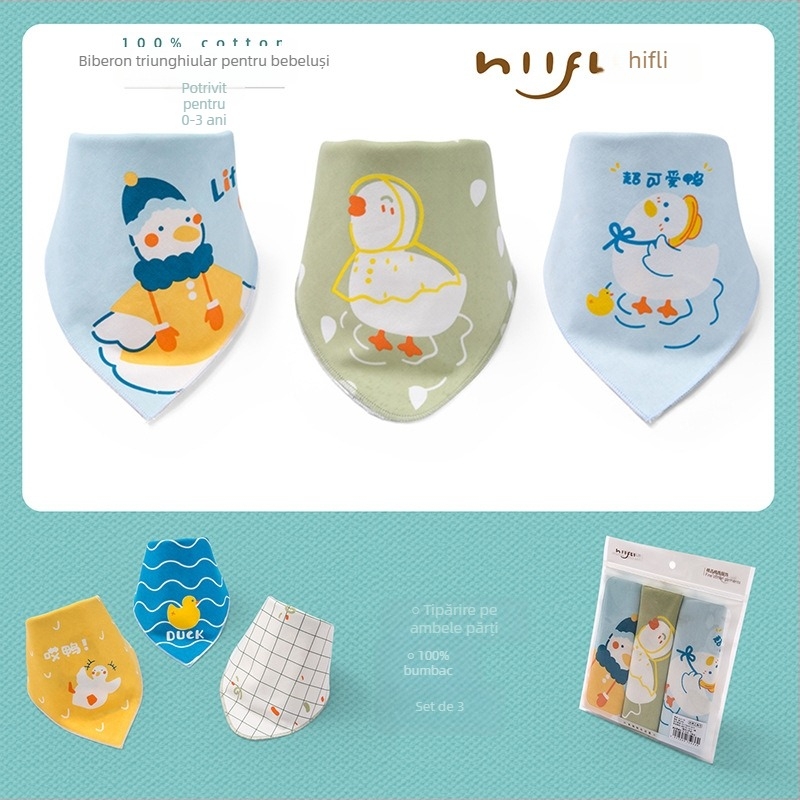 Bavetă triunghiulară pentru bebeluși din bumbac 100%, dublu strat, imprimată cu desen animat; potrivită pentru sugari și copii mici