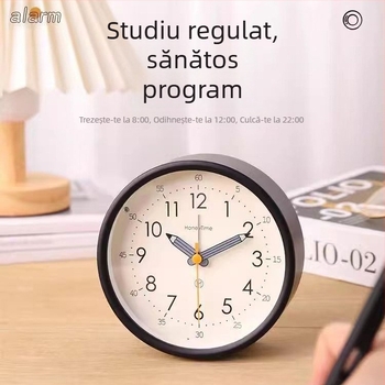 Ceas de birou cu afișaj analog, mișcare lină a secundelor, alimentat cu baterie și funcție de alarmă