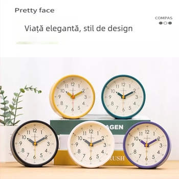 Ceas de birou cu afișaj analog, mișcare lină a secundelor, alimentat cu baterie și funcție de alarmă