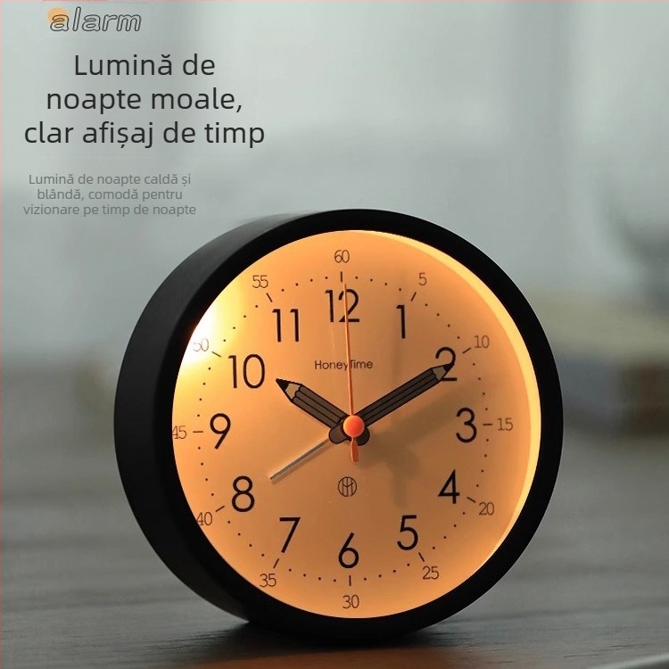 Ceas de birou cu afișaj analog, mișcare lină a secundelor, alimentat cu baterie și funcție de alarmă