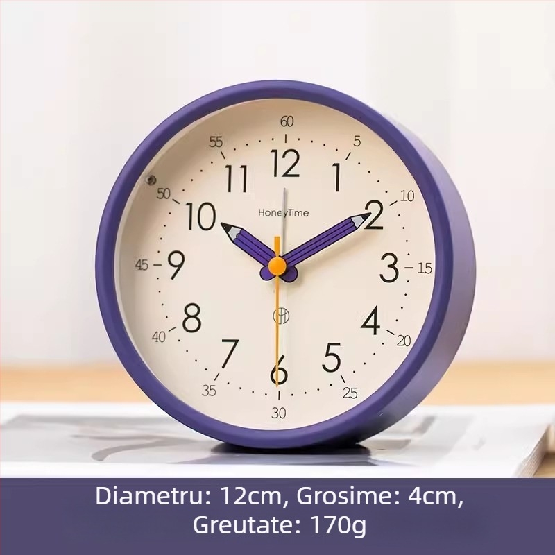 Ceas de birou cu afișaj analog, mișcare lină a secundelor, alimentat cu baterie și funcție de alarmă