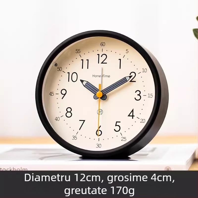 Ceas de birou cu afișaj analog, mișcare lină a secundelor, alimentat cu baterie și funcție de alarmă