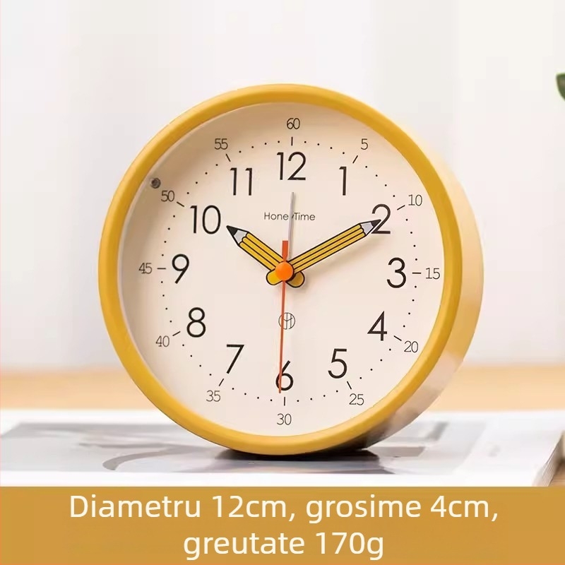 Ceas de birou cu afișaj analog, mișcare lină a secundelor, alimentat cu baterie și funcție de alarmă