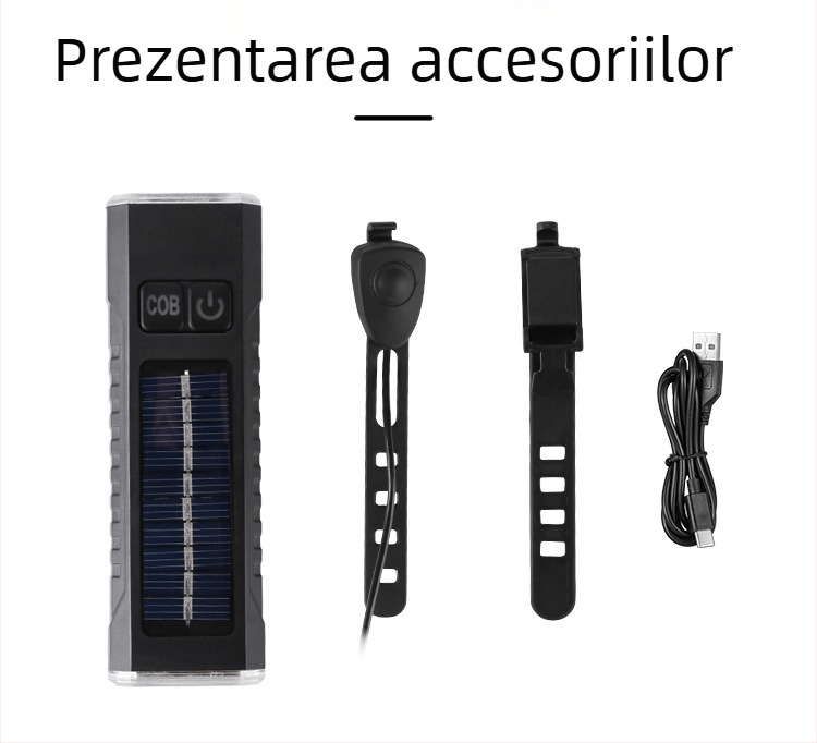 Far de bicicletă cu claxon de avertizare, LED, încărcare USB și solară duală