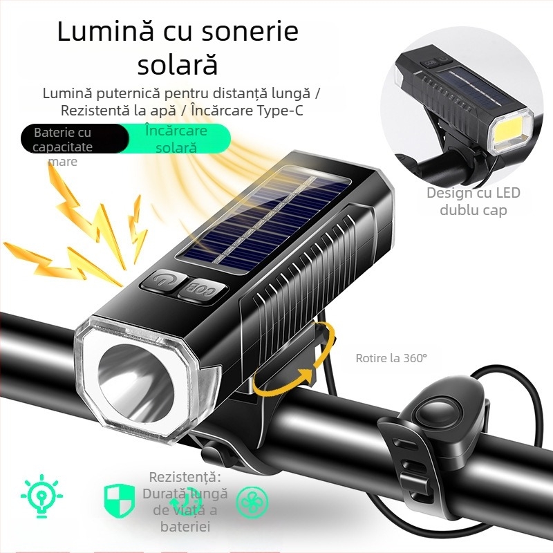 Far de bicicletă cu claxon de avertizare, LED, încărcare USB și solară duală