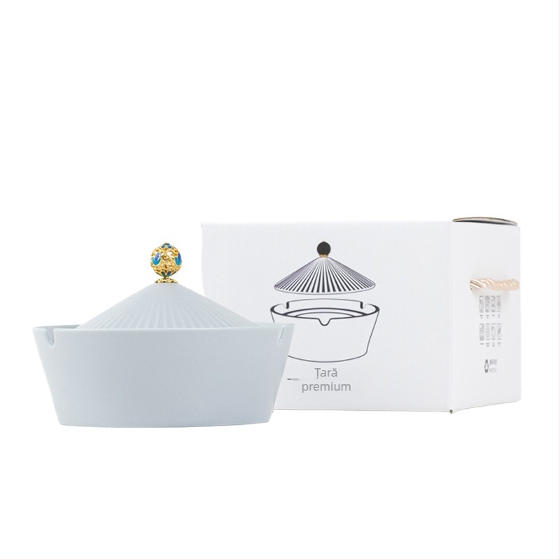 Cenușar ceramic cu capac, stil retro-modern, potrivit pentru casă și birou (Material: ceramică; Stil: artă modernă; Greutate: 800 g; Imprimare logo: disponibilă; Calitate: primă clasă)