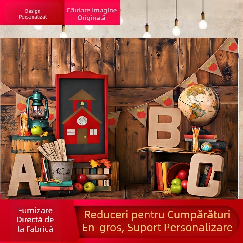 Fundal din pânză vinilică pentru fotografie, cu motif ABC și glob pământesc; greutate 150 g