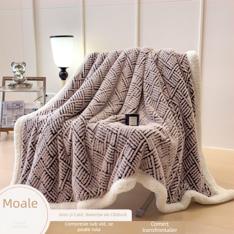 Pătură Nordic dublă față, din lână de miel, pluș călduros, model geometric, anti-static