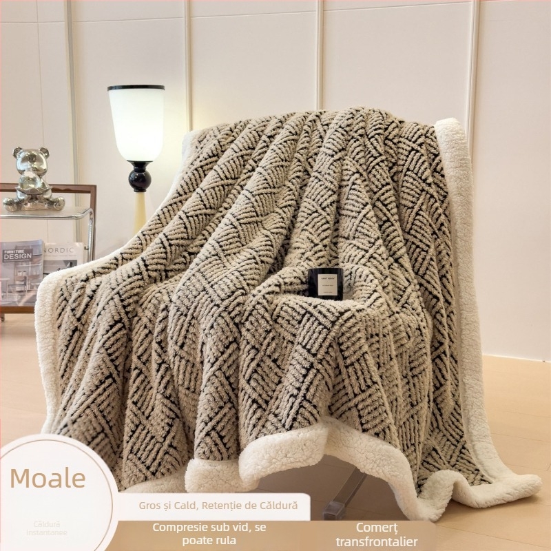 Pătură Nordic dublă față, din lână de miel, pluș călduros, model geometric, anti-static