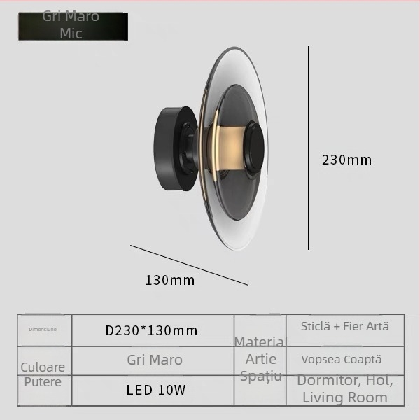 Lampa de perete cu abajur din sticlă, corp din metal, LED, 220V, stil lux discret