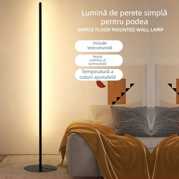 Lampă de podea cu LED, design minimalist nordic pentru living sau dormitor, 50 LED-uri, corp din aluminiu, abajur policarbonat, telecomandă