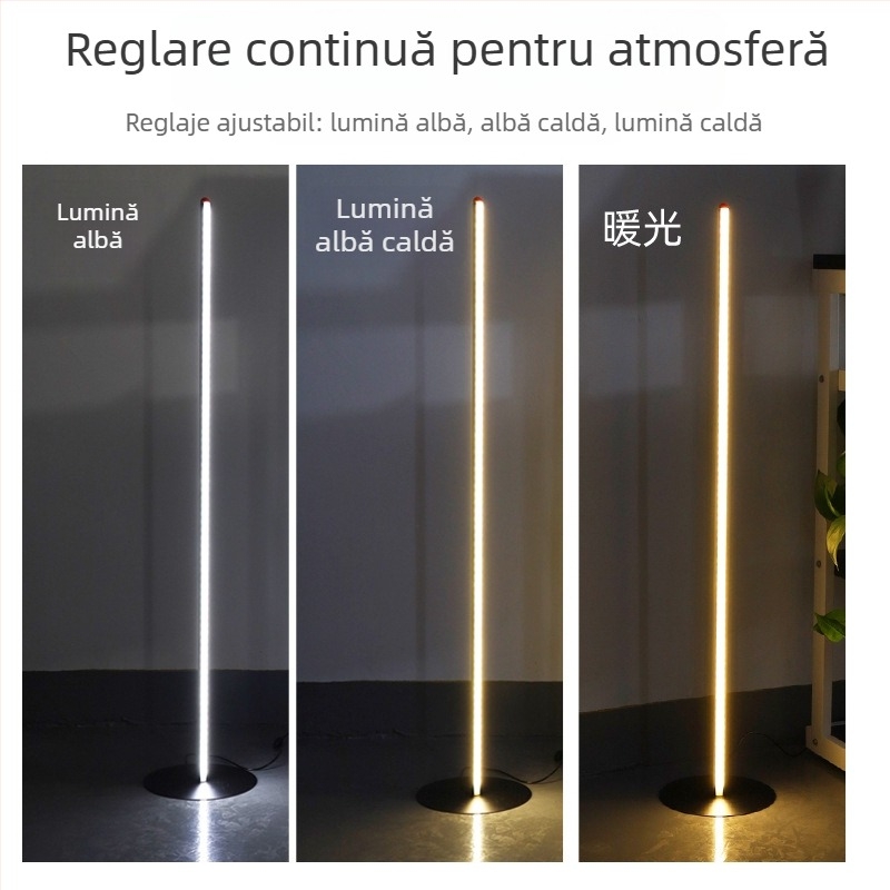 Lampă de podea cu LED, design minimalist nordic pentru living sau dormitor, 50 LED-uri, corp din aluminiu, abajur policarbonat, telecomandă