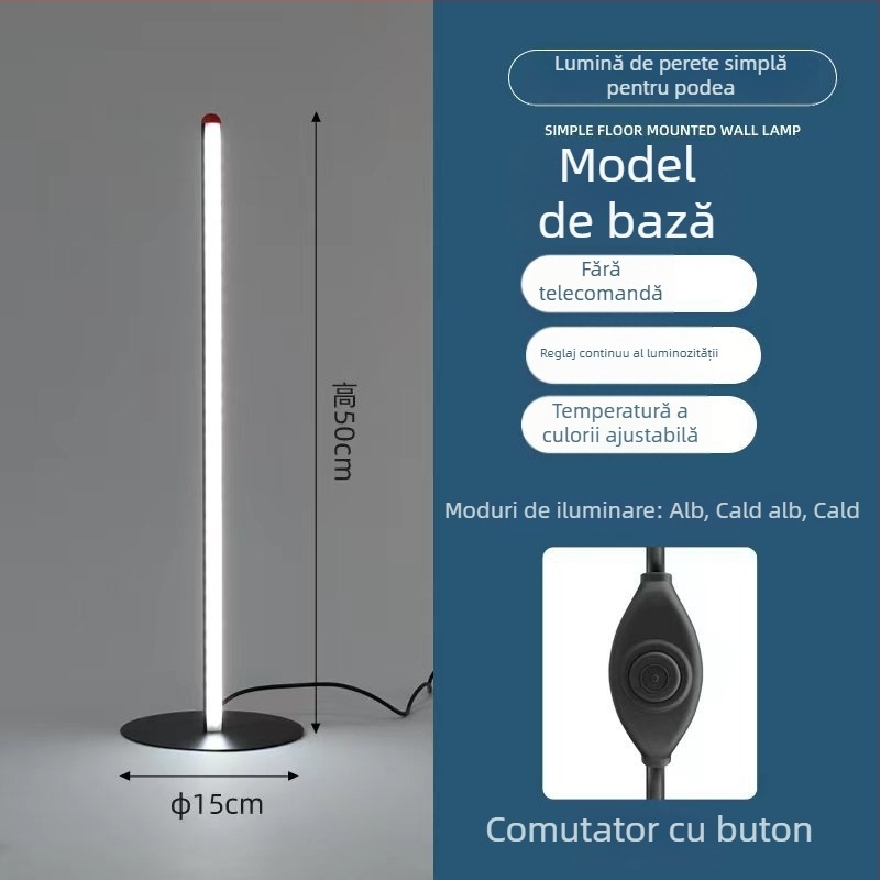 Lampă de podea cu LED, design minimalist nordic pentru living sau dormitor, 50 LED-uri, corp din aluminiu, abajur policarbonat, telecomandă