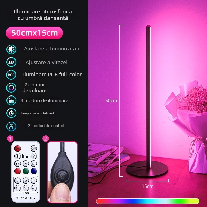 Lampă de podea cu LED, design minimalist nordic pentru living sau dormitor, 50 LED-uri, corp din aluminiu, abajur policarbonat, telecomandă