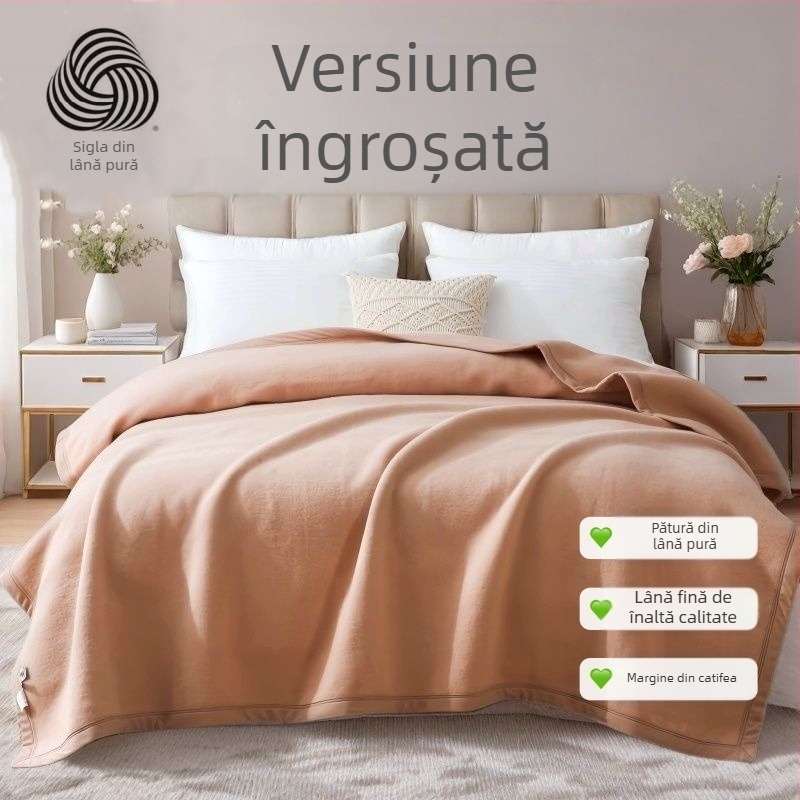 Pătură din lână 100% pură, moale și rezistentă la umiditate, căptușită cu fleece, groasă, pentru pat de o persoană sau pat dublu