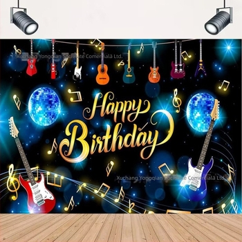 Fundal fotografic din vinil pentru o petrecere de zi de naștere cu temă muzică și chitară | brand Qian, tip: fundal, material: vinil, destinat pentru scene de fotografiere