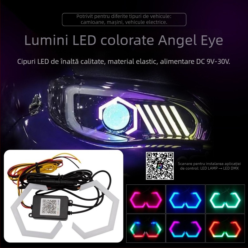 Inel LED Angel Eyes cu margine hexagonal pentru autovehicule, 2 LED-uri, 9–30V, PC+LED, potrivit pentru autoturisme, camioane și vehicule electrice