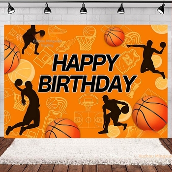 Fundal Cartoon pentru ziua de naștere cu temă baschet, vinil, potrivit pentru ședințe foto, greutate 0.11–0.16 kg