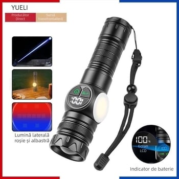 Lanternă LED de mână, 1000 lm, fascicul 120°, rază 200–500 m, baterie încorporată 18650 1200 mAh