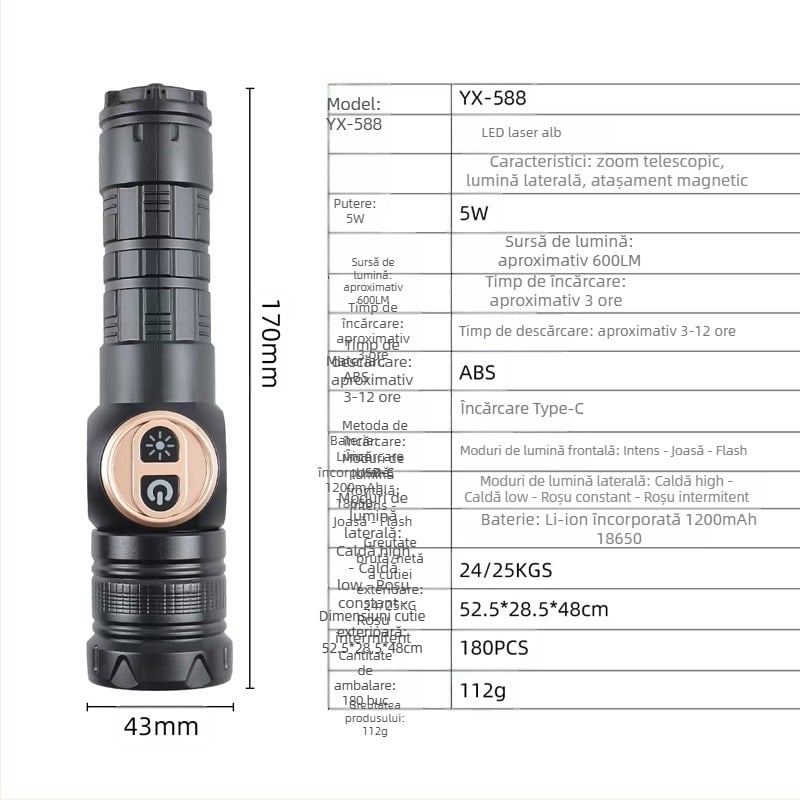 Lanternă LED de mână, 1000 lm, fascicul 120°, rază 200–500 m, baterie încorporată 18650 1200 mAh