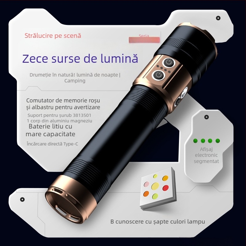 Lanternă exterioră de camping, 70W, baterie 9000mAh, rază peste 500 m, funcție Power Bank, zoom optic