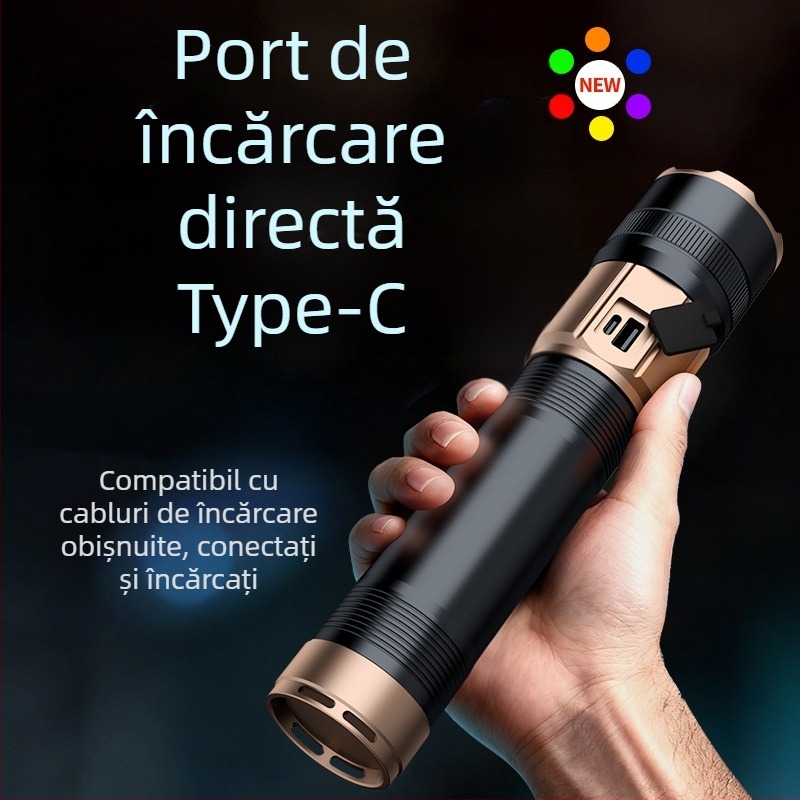 Lanternă exterioră de camping, 70W, baterie 9000mAh, rază peste 500 m, funcție Power Bank, zoom optic