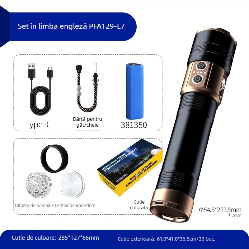 Lanternă exterioră de camping, 70W, baterie 9000mAh, rază peste 500 m, funcție Power Bank, zoom optic