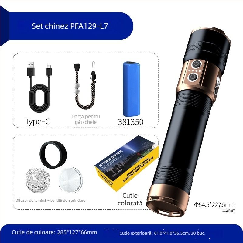 Lanternă exterioră de camping, 70W, baterie 9000mAh, rază peste 500 m, funcție Power Bank, zoom optic