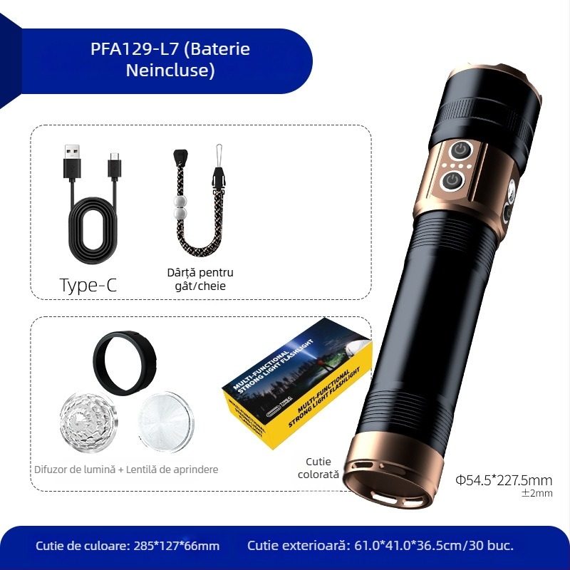 Lanternă exterioră de camping, 70W, baterie 9000mAh, rază peste 500 m, funcție Power Bank, zoom optic