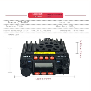 Radio montat în vehicul QYT KT8900 cu putere mare pentru tururi autonome și comunicații off-road; 136-174/400-480MHz, 25W, 200 canale, rază 5–10 km, alimentare 13,8V prin brichetă