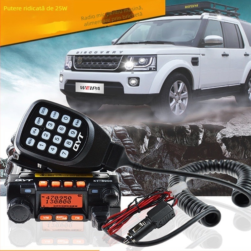 Radio montat în vehicul QYT KT8900 cu putere mare pentru tururi autonome și comunicații off-road; 136-174/400-480MHz, 25W, 200 canale, rază 5–10 km, alimentare 13,8V prin brichetă