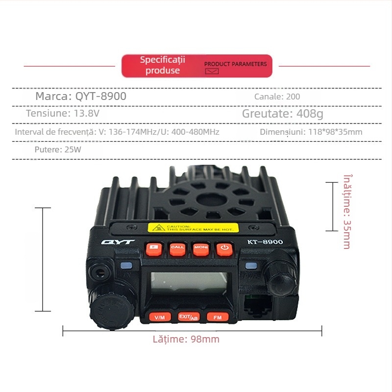 Radio montat în vehicul QYT KT8900 cu putere mare pentru tururi autonome și comunicații off-road; 136-174/400-480MHz, 25W, 200 canale, rază 5–10 km, alimentare 13,8V prin brichetă