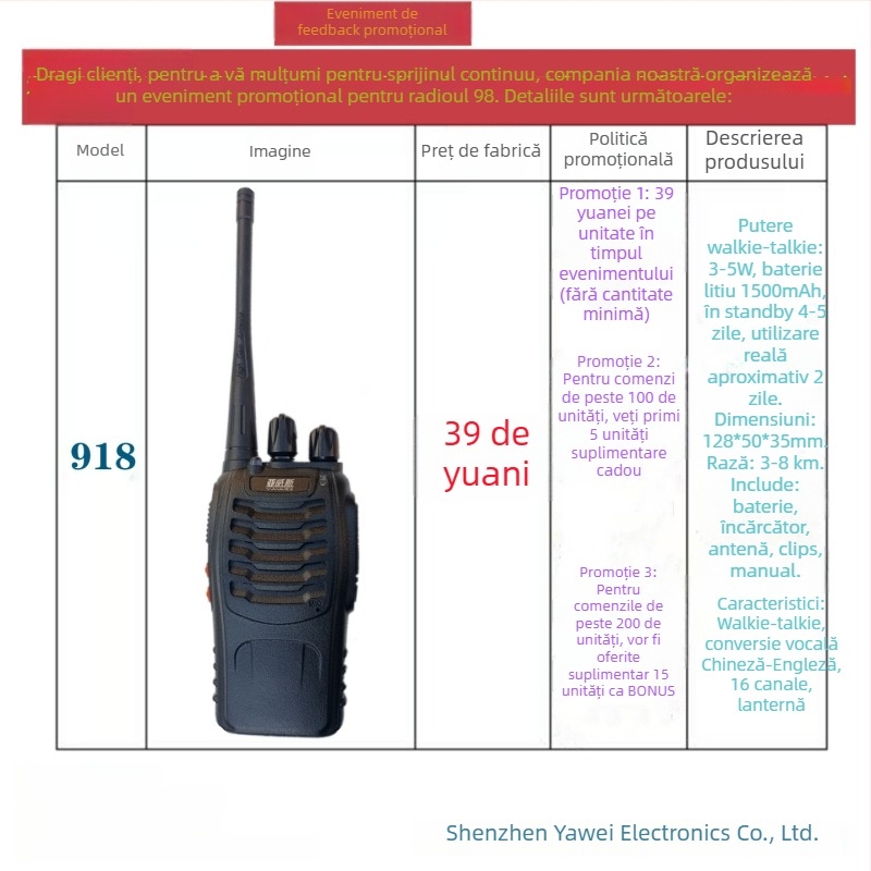 Walkie-Talkie radio portabil, 16 canale, autonomie 3–5 km, rezistent la praf, baterie litiu 1500mAh