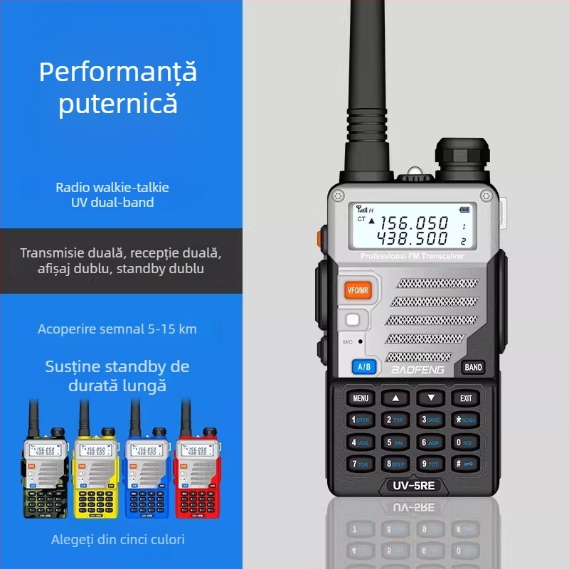 Baofeng UV-5RE radio portabil cu două benzi, domeniu 5–10 km, baterie Li-ion 5000 mAh, rezistent la praf