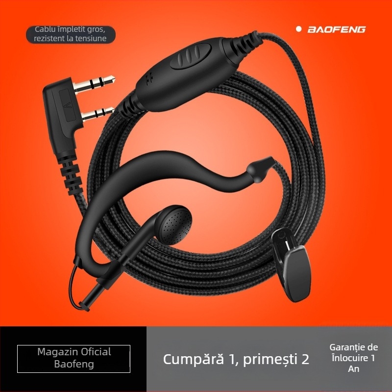 Baofeng Walkie-Talkie K-Head headset, cablu împletit 5R, distanța 1,5–3 km, universal, in-ear, rezistent la apă, fără baterie