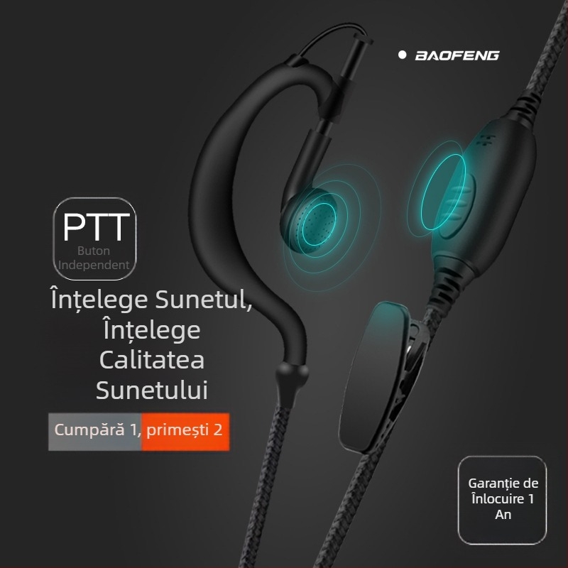 Baofeng Walkie-Talkie K-Head headset, cablu împletit 5R, distanța 1,5–3 km, universal, in-ear, rezistent la apă, fără baterie