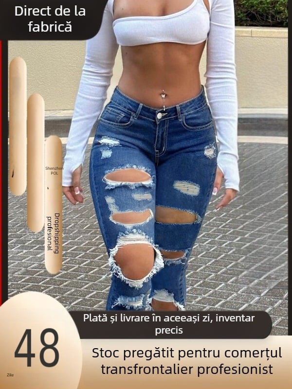 Blugi din denim pentru femei, cu elasticitate ridicată, talie medie, lungime până la gleznă, tiv uzat, amestec bumbac-poliester