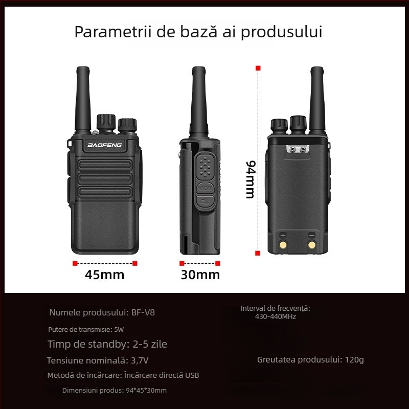 Baofeng BF-V8 mini stație radio portabilă, putere înaltă, 400-470 MHz, 5W, 16 canale, 5800 mAh, rezistentă la apă