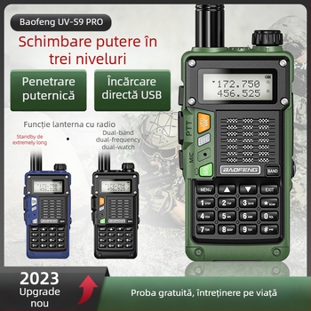 Baofeng UV-S9 Pro radio portabil, încărcare USB directă, 128 canale, rază 5–10 km, ieșire RF 1/4/8 W, baterie Li-Ion