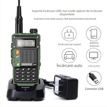 Baofeng UV-S9 Pro radio portabil, încărcare USB directă, 128 canale, rază 5–10 km, ieșire RF 1/4/8 W, baterie Li-Ion