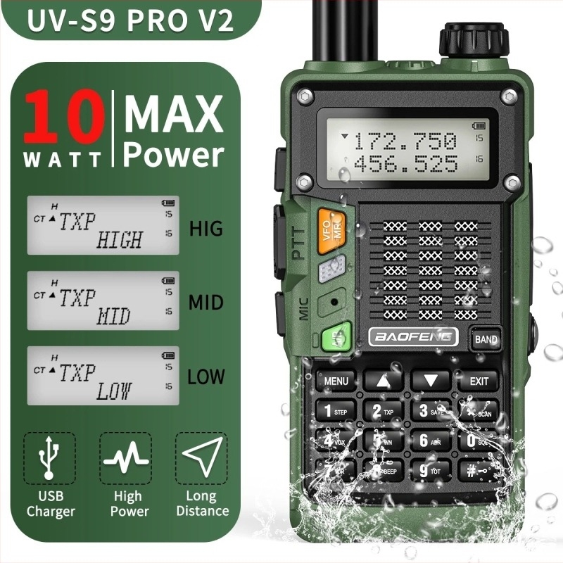 Baofeng UV-S9 Pro radio portabil, încărcare USB directă, 128 canale, rază 5–10 km, ieșire RF 1/4/8 W, baterie Li-Ion