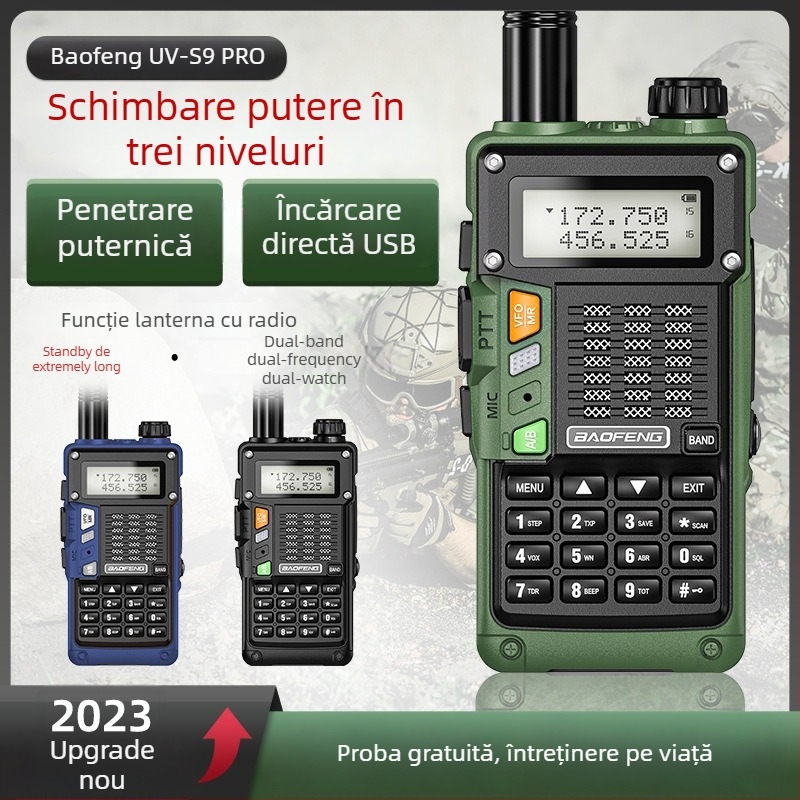 Baofeng UV-S9 Pro radio portabil, încărcare USB directă, 128 canale, rază 5–10 km, ieșire RF 1/4/8 W, baterie Li-Ion