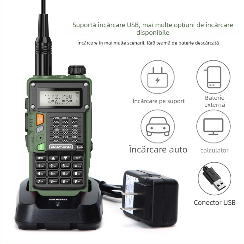 Baofeng UV-S9 Pro radio portabil, încărcare USB directă, 128 canale, rază 5–10 km, ieșire RF 1/4/8 W, baterie Li-Ion