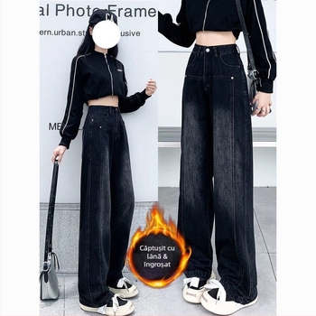Blugi femei cu talie înaltă, din denim căptușiți cu fleece, croială largă, lungi până la podea, 2025 toamnă-iarnă