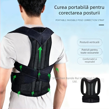 Curea de corecție a posturii cu sprijin lombar și aliniere a pieptului; susține corectarea poziției șezând; materiale: țesătură tip plasă sandwich, catifea, placă din oțel inoxidabil, Velcro; Modelis 11