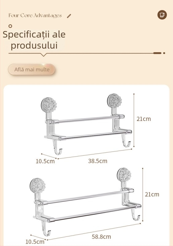 Raft pentru prosoape de baie cu ventuză, braț dublu cu cârlig, montaj pe perete; materiale: plastic și oțel inoxidabil