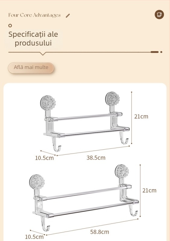 Raft pentru prosoape de baie cu ventuză, braț dublu cu cârlig, montaj pe perete; materiale: plastic și oțel inoxidabil