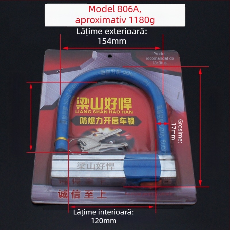 Lacăt U pentru motociclete, mașini electrice și biciclete — corp din oțel, Hero Liang Shan, greutate 1180 g
