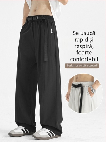 Pantaloni unisex în stil american, cu patchwork deconstruit, curea încorporată cu nasture, croială lejeră drept, poliester 92%, toamnă 2025